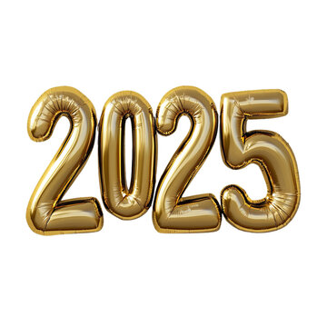 Happy New Year 2025. Golden realistic balloon numbers 2025 - cut out, transparent background 