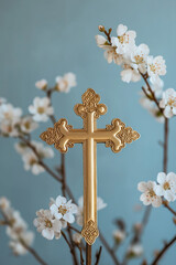 A golden cross stands in front of white blossoms on a blue background.