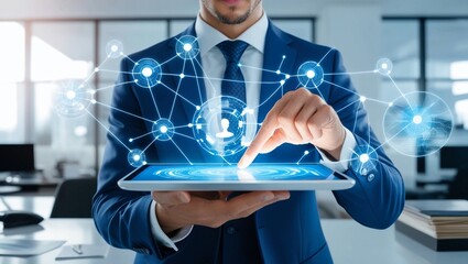 Poster -  Futuristic businessman working on a digital tablet with holographic connections and virtual network nodes symbolizing technology and innovation in a modern office environment