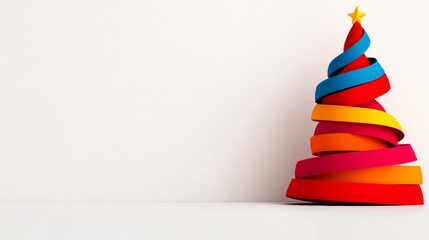 Poster - Christmas tree made of paper. tree is made up of many different colored circles, it is surrounded by white background. christmas tree made from ribbons winter decorations, copy space for text.