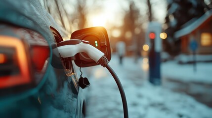 A vehicle charges at a station in a snowy winter landscape during dusk, signifying the blend of renewable energy sources in cold, serene environments.