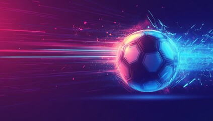 A soccer ball is floating in a blue and purple background