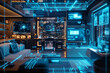 © Sanne - Futuristic IoT scene with interconnected smart devices smartphone, thermostat, camera seamlessly syncing in real-time. Modern home with glowing data lines, holographic displays advanced connectivity
