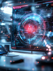 Poster - Exploring the future a glimpse into a futuristic office environment with advanced digital financial analysis technologies in 2025