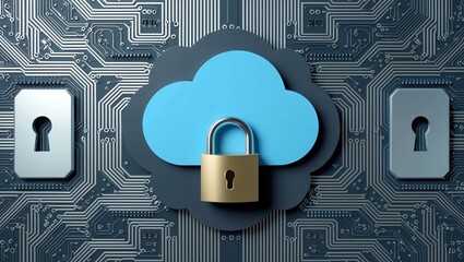 Poster -  Abstract 3D Rendering of a Digital Cloud with Security Locks and Circuitry, Illustrating Cybersecurity, Data Privacy, and Cloud Technology