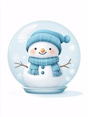Poster - Christmas snow globe, snowman with scarf, isolated on white, gentle snowflakes, watercolor style