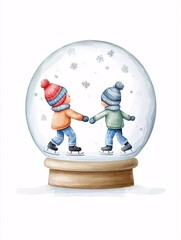 Poster - Tiny snow globe with children ice skating, isolated on white, winter magic, watercolor style