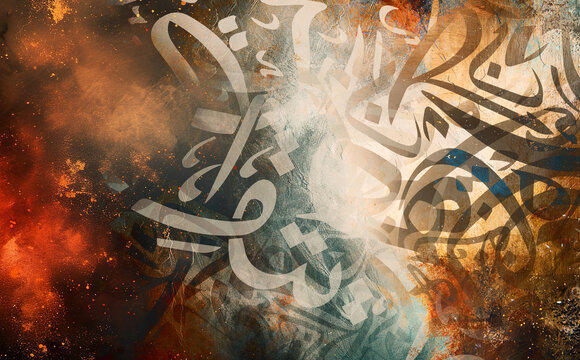 Painting on canvas. Arabic calligraphy wallpaper on a brown wall mixed with old paper overlapping wallpaper. canvas texture background with islamic pattern .the patterns on vintage floor
