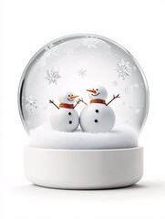 Poster - Snow globe with cheerful snowman family, falling snow on white background, watercolor style