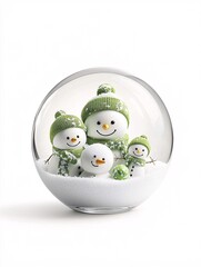 Poster - Snow globe with cheerful snowman family, falling snow on white background, watercolor style