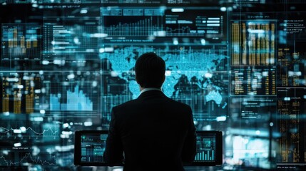 Poster - Businessman Analyzing Financial Data on Digital Screens