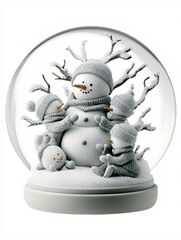 Poster - Snow globe with children building snowman, winter scene, white background, watercolor style