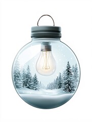 Poster - holiday snow globe, glowing lantern in snowy night, white background, peaceful winter scene, waterco