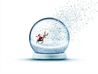 Poster - Snow globe with Santa and reindeer, sparkling snow, white background, watercolor style