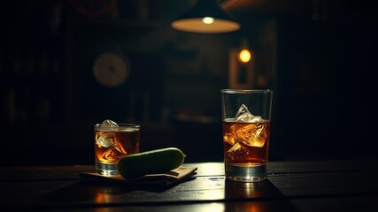 Two glasses of amber liquid with ice cubes, one with a green pickle, rest on a wooden surface in a dimly lit setting.