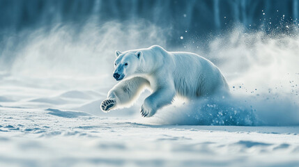 Wall Mural - powerful polar bear running fast on snow, creating a cloud of snow dust, showcasing wildlife in its 
