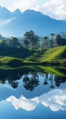 Mountain Reflections: A tranquil scene of tea fields reflected in a nearby lake, with mountains in the background adding depth to the composition