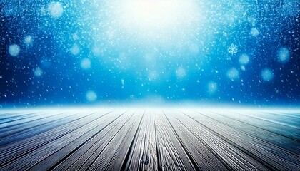 Wall Mural - beautiful winter snowy blurred defocused blue background and empty wooden flooring. flakes