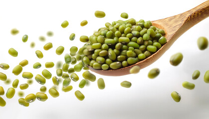 Mung beans floating or flying isolated white background