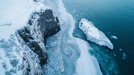 Wall Mural - aerial view of a frozen coastline meeting icy ocean waters, showcasing the stark beauty of winter's 