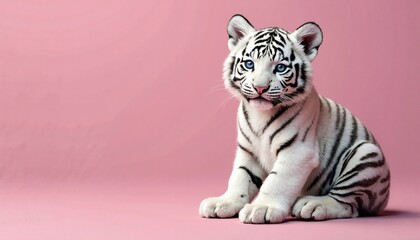 Cute white tiger cub seated over a pink background