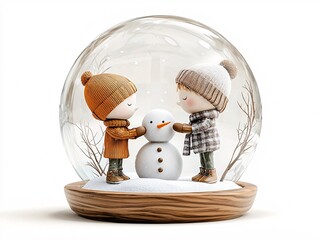 Poster - Snow globe with children building snowman, winter scene, white background, watercolor style