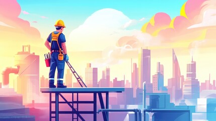 Wall Mural - Construction Worker on a Rooftop Overlooking the City