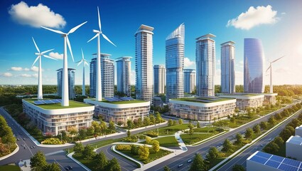 Poster -  Sustainable Urban Cityscape Featuring Wind Turbines and Solar Panels, Set Against a Modern Skyline, Ideal for Renewable Energy and Eco-Friendly Development Themes