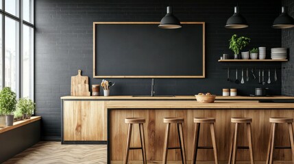 Modern kitchen with an empty chalkboard on the wall