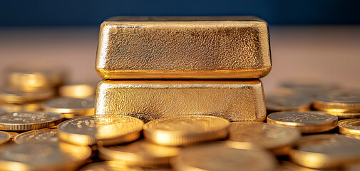 Two gold bars rest on a pile of gold coins, representing wealth, luxury, and investment opportunities.