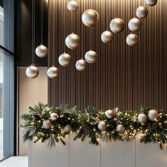 A corporate holiday design with clean, elegant Christmas ornaments, minimalist garlands, and warm lighting. The early festive decor enhances the professional environment with subtle charm.