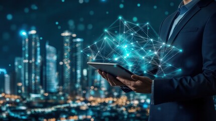 Poster - A businessman using a tablet with a layered background of a modern city and a web of digital connections
