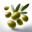 © Saddha Visual - Olive fruit with leaves floating or flying isolated white background