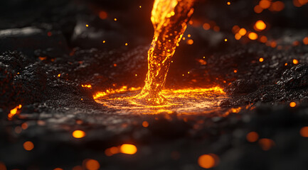 Photograph of molten metal pouring from a steel plate in a modern factory. Close-up view with focus on the hot metal being poured