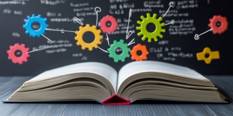 Poster - Open Book of Knowledge: Colorful gears and interconnected ideas emerge from an open book, symbolizing education, innovation, and the power of knowledge. 
