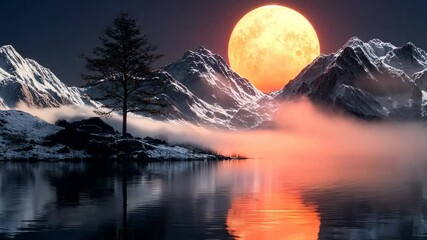 Wall Mural - a large red moon is reflected in the water of a lake. the scene is serene and peaceful, with a lone 