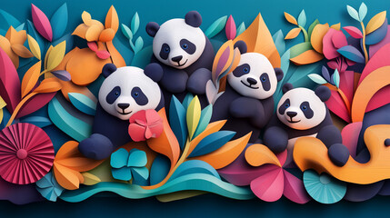 Canvas Print - Four adorable pandas are surrounded by vibrant paper flowers and leaves.