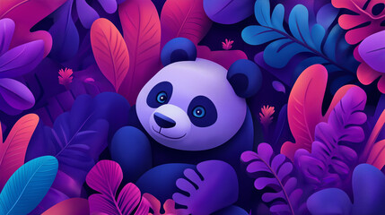 Canvas Print - A cute panda bear peeking out from behind a vibrant array of colorful leaves.