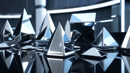 Poster -  Close-Up of Reflective 3D Geometric Shapes in a Futuristic Technology Setting, Ideal for Modern Tech, Science, or Architectural Themes