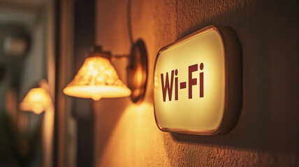 Wi-Fi sign illuminated on a wall with warm lighting.