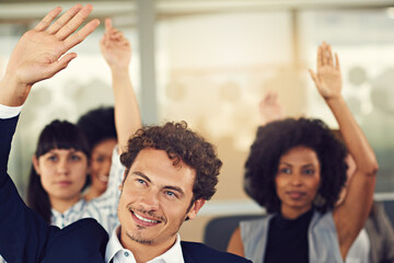 Poster - Man, business people and raising hand with diversity in seminar for presentation, pitch or proposal. Team, pride and collaboration as employee engagement, discussion or conference in corporate office