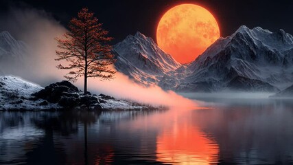 Wall Mural - a large red moon is in the sky above a mountain range. the moon is surrounded by a dark sky and the 