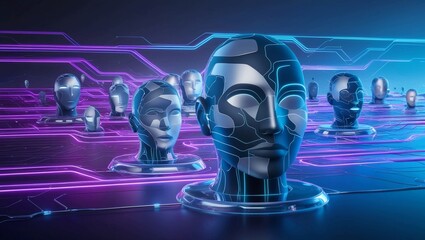 Poster -  Futuristic Digital Network Connections with Abstract Human Icons Displayed on Holographic Interface for AI and Technology Concepts in a High-Tech Background