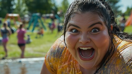 Joyful woman enjoying outdoor festival with playful energy and excitement in sunny park setting