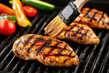 Close-up of a vinegar and honey marinade being brushed onto grilled chicken, with a side of fresh vegetables, Vinegar marinade on grilled chicken, Tangy and savory