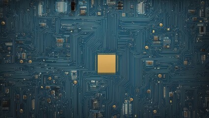 Poster -  Complex Blue Circuit Board Pattern with Microchip Connections, Representing Advanced Electronics, Digital Technology, and Network Systems