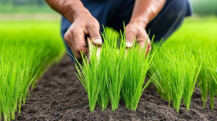 Farmer Planting Rice Seedlings in Paddy Field Agriculture Rural Life Green Plants Growth Farming