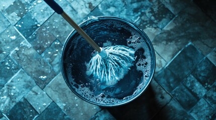 A top-down view of a bucket filled with water and a mop inside, placed on a floor. The focus is on the bucket's texture and handle.