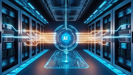 Poster -  Futuristic digital Tunnel of Light with Reflective Surfaces, Depicting Advanced Technology, Data Flow, or Sci-Fi Concepts of Time Travel and Energy Transfer