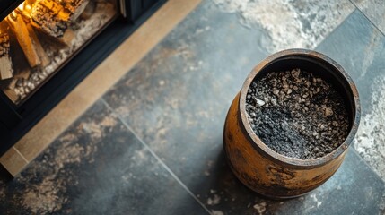 A top-down view of an ash bucket sitting next to a fireplace, with ashes inside. The focus is on the bucket's design and finish.